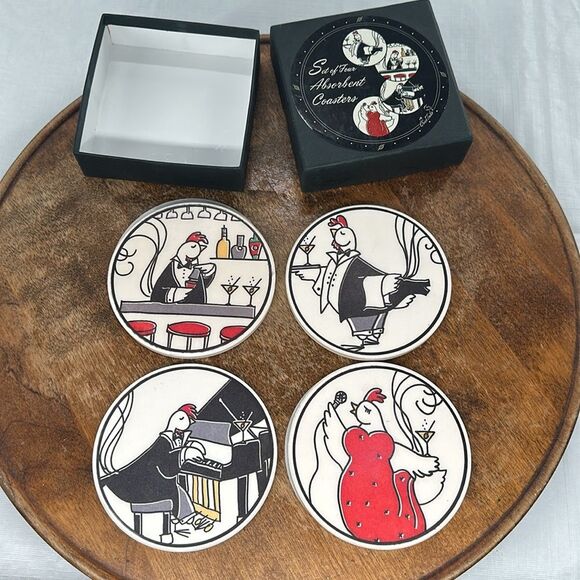 Cocktails Coasters Chickens Set of 4 in Box Absorbant - Picture 2 of 15